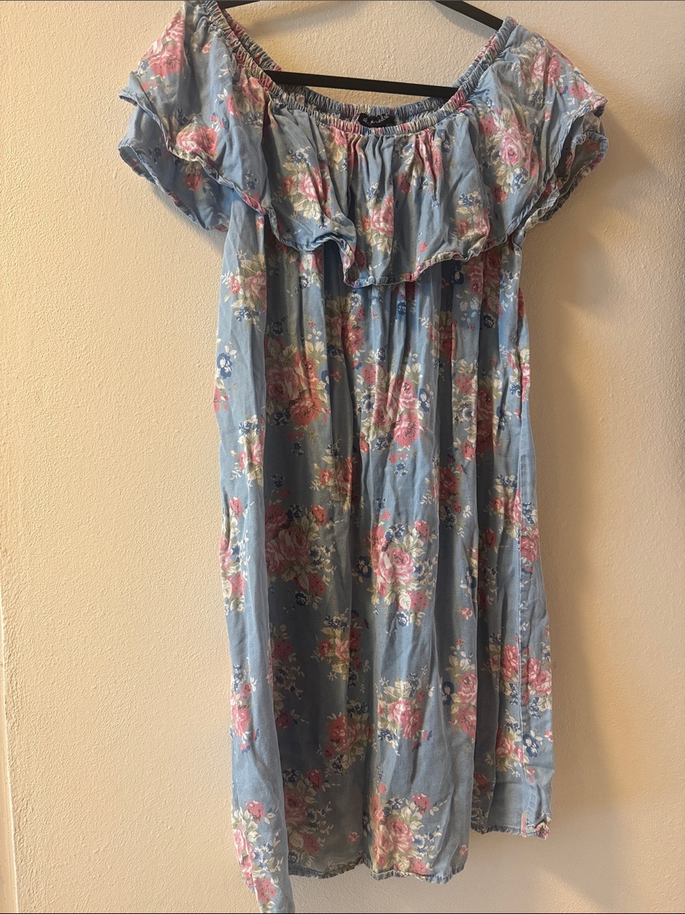 Blue Floral Off-Shoulder Mini Dress with Ruffle Yoke